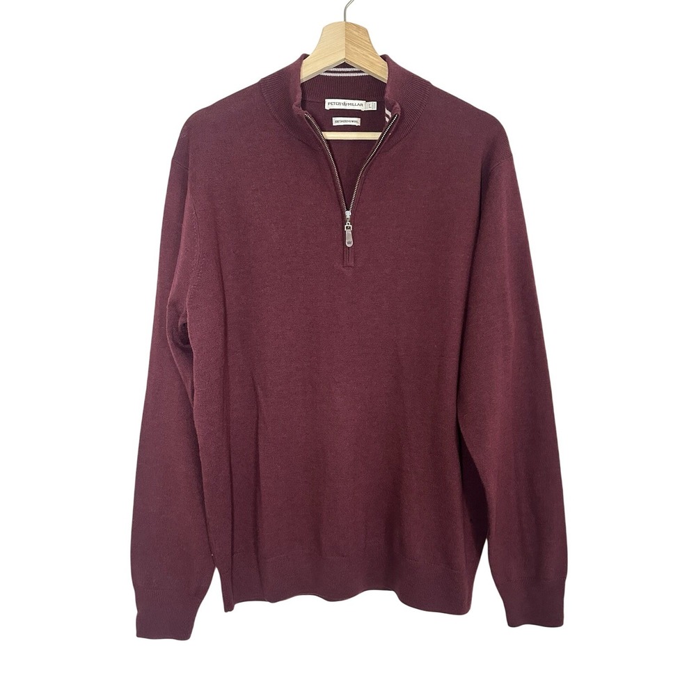 Peter Millar Men's LARGE 100% Merino Wool Burgundy Quarter Zip Pullover Sweater